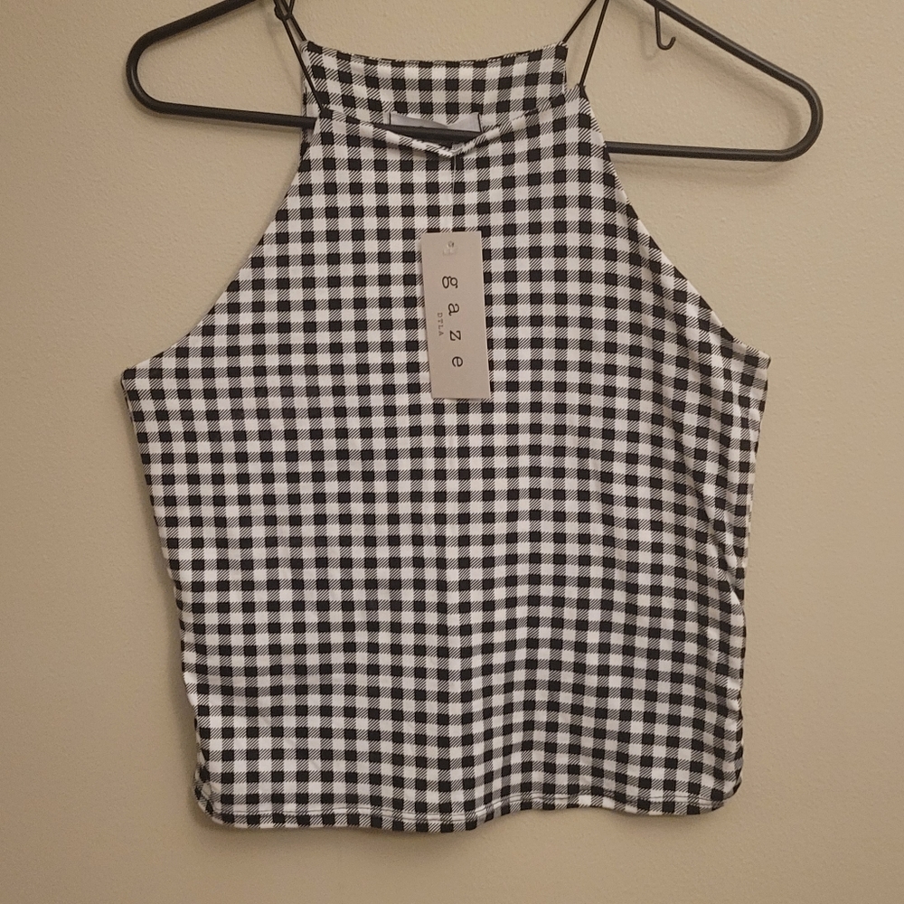 NWT White & Black Gingham Fitted Top